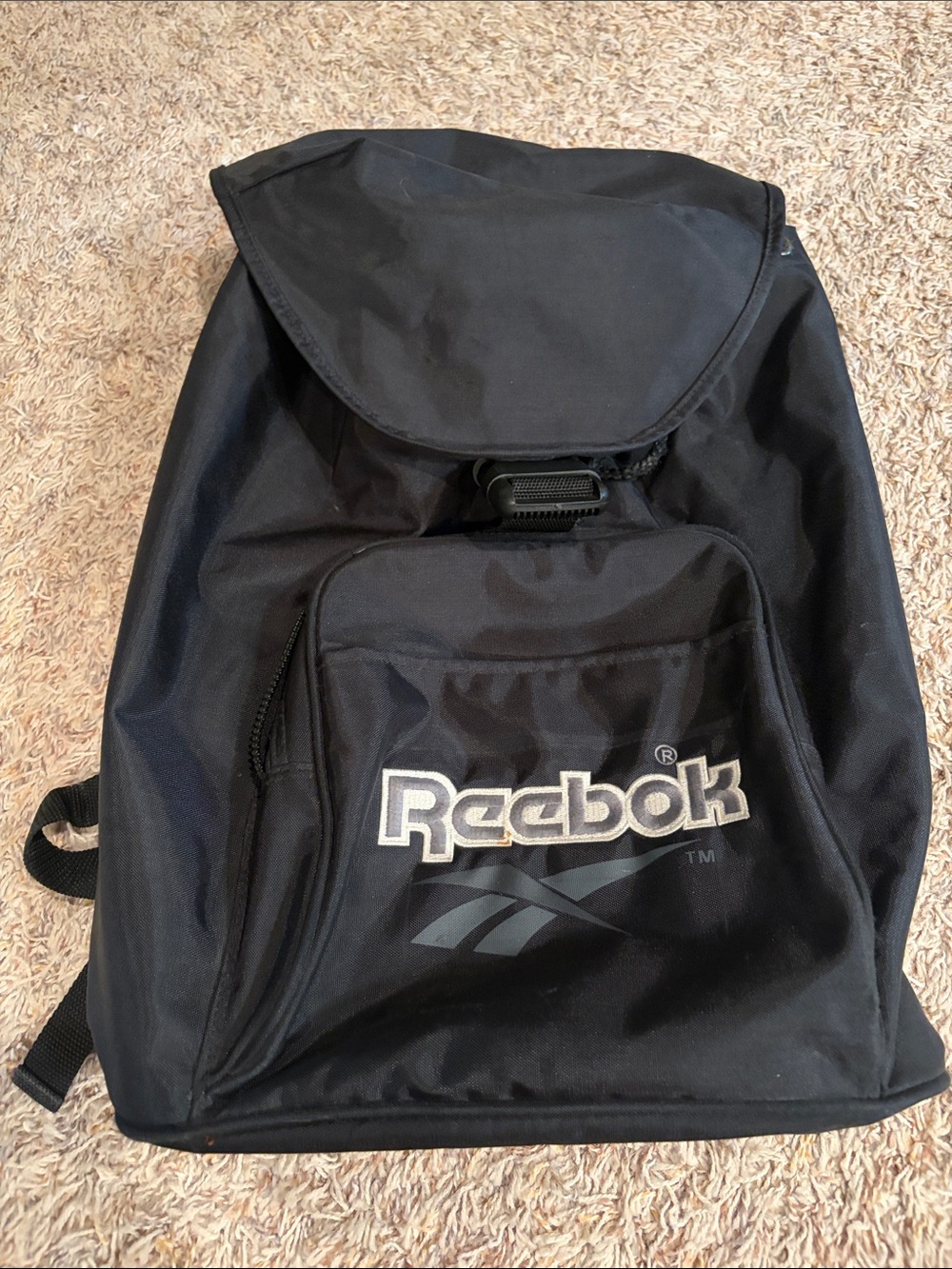 Reebok Black Backpack with Front Logo Pocket and Buckle Flap